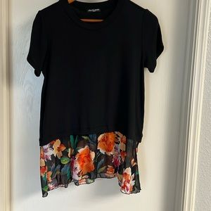 Cha Cha Vente top, black T-shirt fabric with a blouse fabric at the bottom